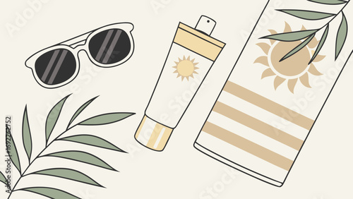 Summer Essentials Sunglasses Sunscreen and Beach Towel Illustration.