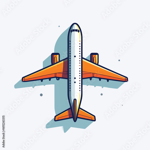 Airplane illustration from above, orange wings, white body, vector design.