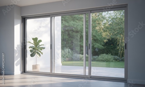 Modern sliding patio doors, overlooking a garden