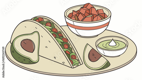 Taco with avocado and salsa illustration.