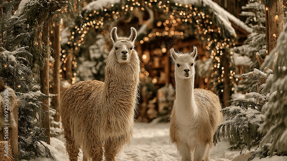 Obraz premium Two llamas enjoy a magical snowy winter Christmas scene with festive lights.