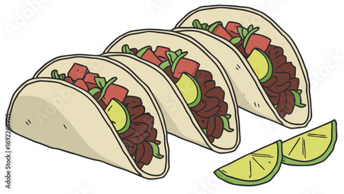 Three Delicious Tacos with Lime Wedges - Food Illustration for Menu Website or Recipe Book.