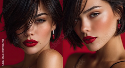 beautiful fashion model with long hair and red lipstick posing on a colorful background