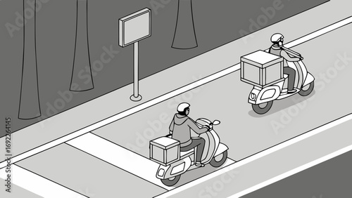 Two delivery drivers on scooters riding on a road isometric illustration.