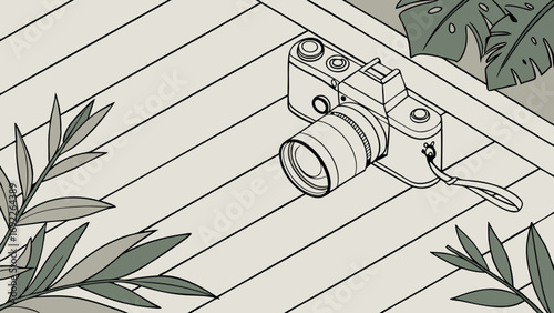 Vintage Camera on Wooden Surface with Tropical Leaves Isometric Illustration.