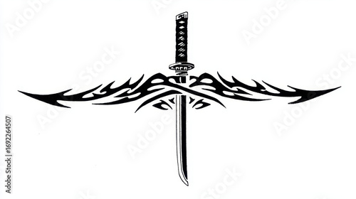 Elegant sword with tribal designs showcasing intricate details and powerful symbolism in black and white