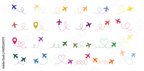 Colorful Airplanes Travel Path Illustration Flight Routes Journeys Adventure Destination Vectors Maps Tourism Navigation