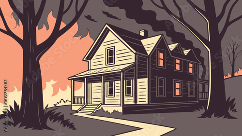 Vintage House on Fire Wildfire Illustration Home Burning Disaster Scene Graphic Design Element.