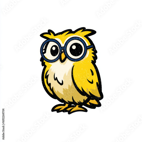 Adorable Cartoon Owl with Glasses, Round Eyes, and Playful Expression on a White Background
