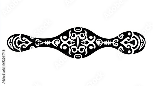 Intricate Black and White Ornamental Design Featuring Curved Shapes and Elaborate Patterns
