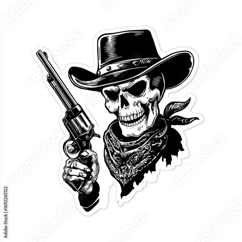Skull Cowboy with Revolver and Hat in Black and White Design for Western Culture and Tattoo Art