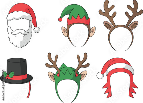 Christmas festive photo booth props, Santa beard, elf hat, reindeer antlers, holiday party accessories, winter celebration, fun photo props, Christmas costumes, seasonal decorations