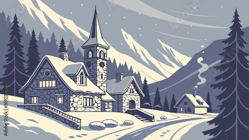 Winter Village Scene Snowy Stone Houses Mountains and Fir Trees at Night.