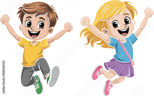 Happy joyful children jumping high, smiling boy and girl, playful kids having fun, energetic childhood moment, cheerful cartoon illustration, friendship, happiness, fun activity, excited kids playing