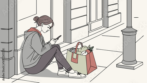 Woman sitting on the sidewalk using a smartphone grocery shopping bag beside her.