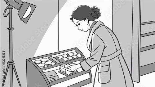Woman arranging pastries in a display case under a studio light.