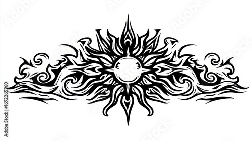 Intricate Tribal Sun Design with Flames and Swirls for Artistic Tattoo or Graphic Use