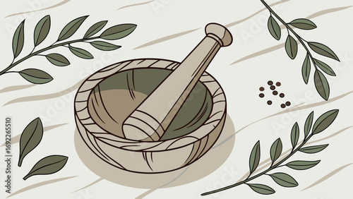 Wooden Mortar and Pestle with Herbs and Spices Illustration.