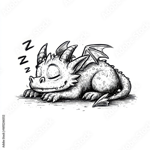 Adorable Cartoon Dragon Sleeping Peacefully on the Ground, Illustrated in Black and White Style