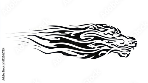 Fierce Lion Tribal Design with Flames Flowing in Black and White for Art and Decorative Use