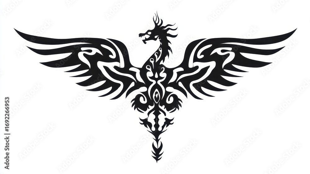 Obraz premium Intricate Black Tribal Phoenix Design with Majestic Wings and Elegant Pattern for Artistic Inspiration