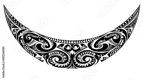 Intricate Tribal Tattoo Design Featuring Curved Patterns and Symbolic Elements in Black and White