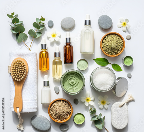 Natural cosmetics and eco-friendly body care items on a white background represent the concepts of beauty, sustainability, and eco-living.