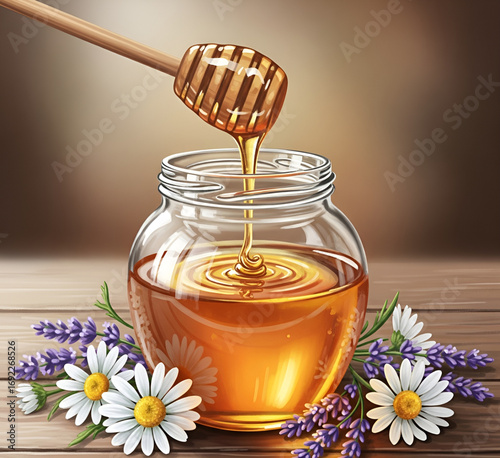 glass jar filled with a dipper and honey. eco-friendly, natural, and practical product. inherent deliciousness.