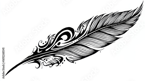 Intricate Black and White Feather Design with Ornate Patterns for Artistic and Creative Projects