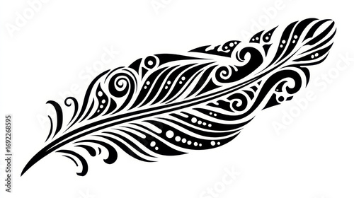 Elegant Black Feather with Intricate Swirls and Patterns for Decorative and Artistic Use