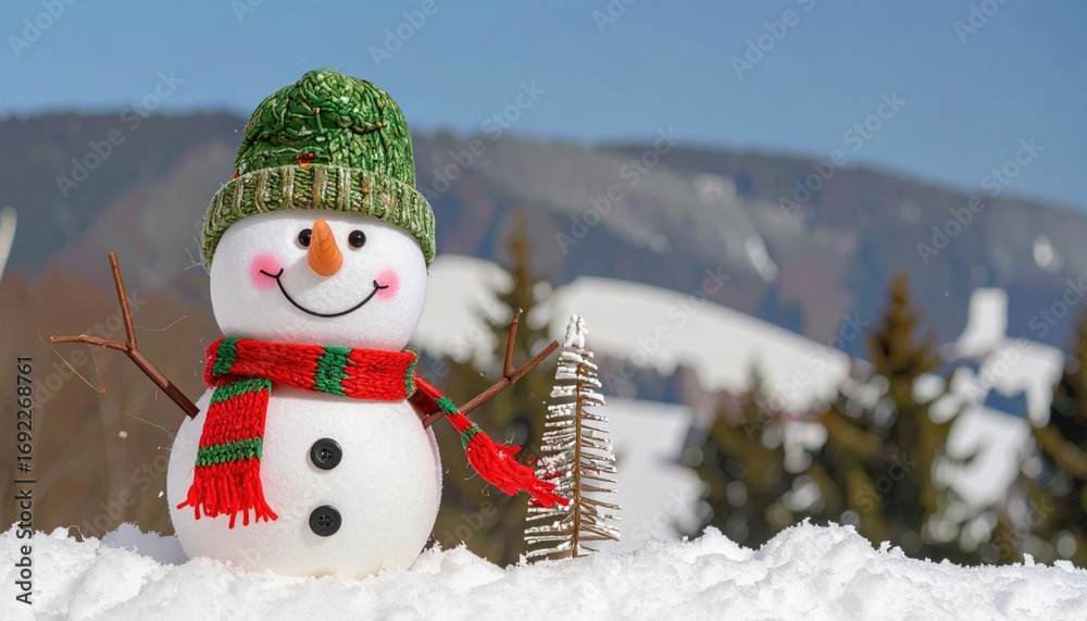 Obraz premium Snowman wearing a green hat and a red and green scarf