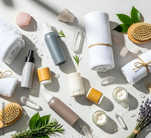 Natural cosmetics and eco-friendly body care items on a white background represent the concepts of beauty, sustainability, and eco-living.