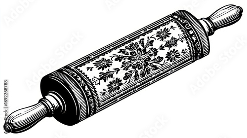 Vintage rolling pin with intricate floral design for baking and kitchen decor