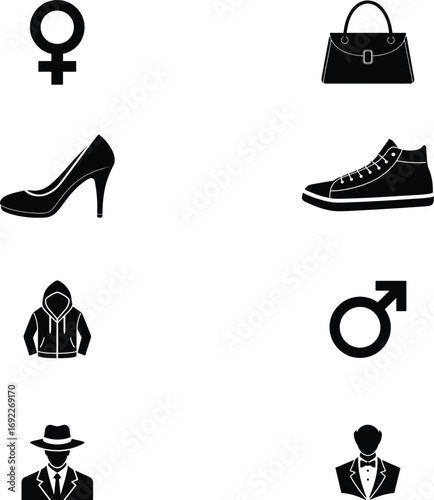 Fashion icon set symbols for style clothing accessories and gender representation