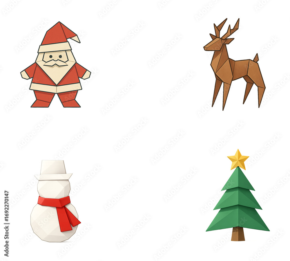 Fototapeta premium Origami Christmas Illustrations with Santa Claus, Reindeer, Snowman, and Christmas Tree, Transparent Background