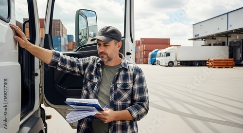 Professional truck driver checking documents next to his semi-truck at a busy logistics and distribution center, ready for freight transport.