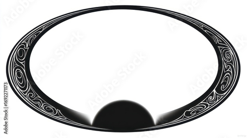 Abstract black and white oval frame design with intricate swirling patterns and a central dark circle