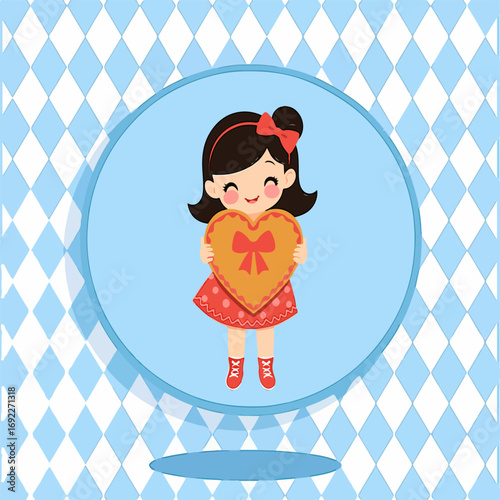 From the Oktoberfest series, a girl with a heart-shaped gingerbread Bavarian Lebkuchen on a traditional Bavarian pattern of blue and white diamonds.