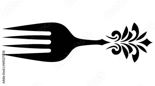 Elegant Vintage Fork Silhouette Design with Intricate Floral Ornamentation for Culinary or Dining Themes