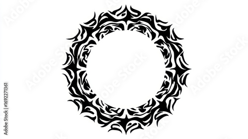 Intricate Black and White Decorative Circular Design with Flame-Like Patterns and Open Center