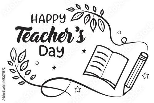 Happy Teacher's Day illustration featuring an open book, a pencil, and decorative branches with leaves, celebrating educators and learning