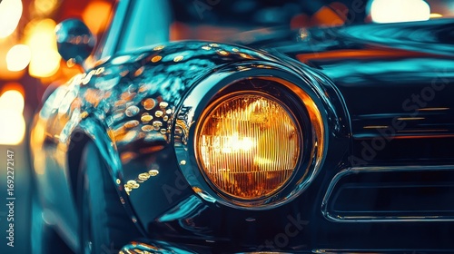 Vintage car headlight at night