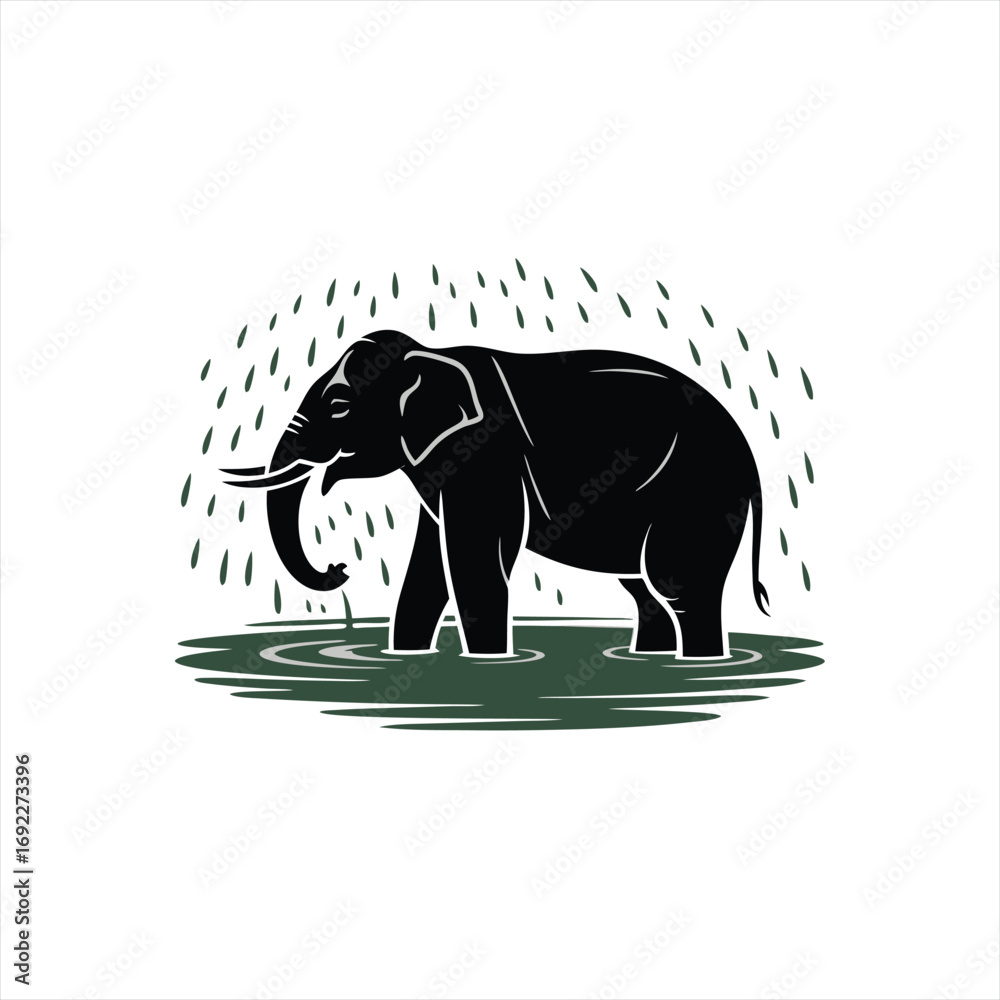 Obraz premium Elegant Silhouette of an African Elephant Standing in Water Underneath a Gentle Rainfall Depicting Nature's Serenity and Majestic Wildlife