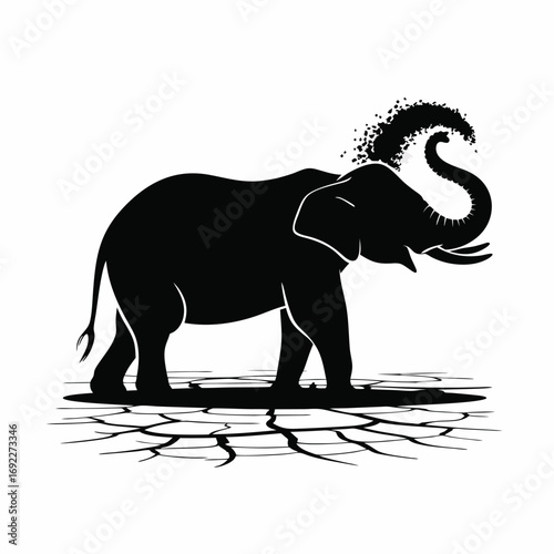 Majestic Silhouette of an African Elephant Raising its Trunk in a Dusty Environment with Cracked Earth Below