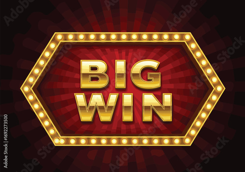 Casino big win golden sign with glowing lights, jackpot success celebration banner, gambling victory background, shining retro style vector