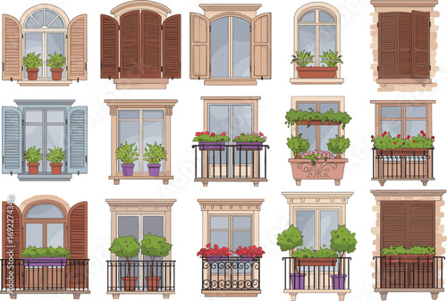 Collection of European style windows and balconies with shutters, plants, flowers, architectural details, vintage design, exterior decoration, romantic home facade