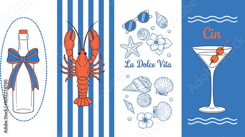 Nautical summer poster set with lobster, cocktail, seashells, bottle, retro style illustrations for beach, bar, restaurant, and holiday designs