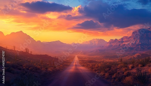 A road leading to the horizon, with mountains in the background, a desert landscape