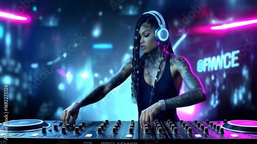 Portrait of a cyberpunk DJ in the neon light of a nightclub. A girl with dreadlocks and tattoos works at the console. Ideal for projects about music, clubs and the future.