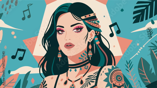 illustration of a woman in bohemian style with a natural background vector design template